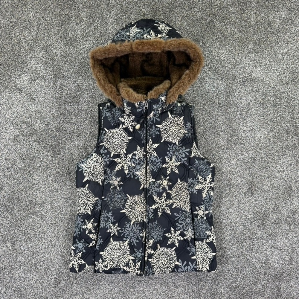 Eddie Bauer Down Puffer Vest Womens Small Navy Snowflake Print Faux Fur Hood